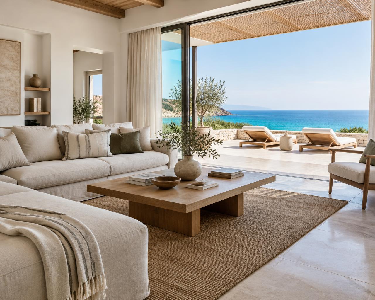 Inspiratie voor een licht interieur met uitzicht op zee